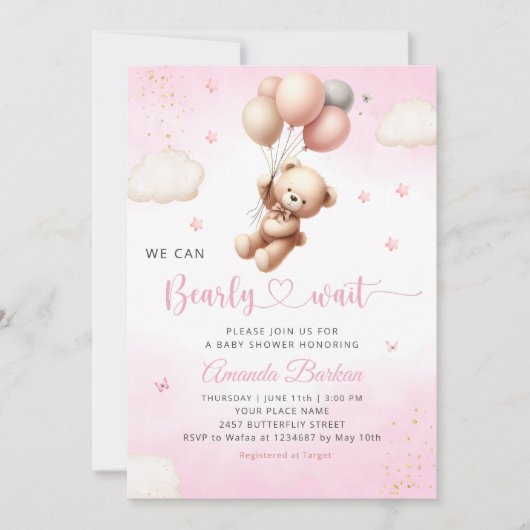 Invitation We Can Bearly Wait Teddy Bear Girl Baby Shower (Devant)