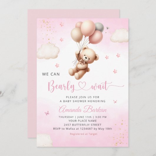 Invitation We Can Bearly Wait Teddy Bear Girl Baby Shower (Devant / Derrière)