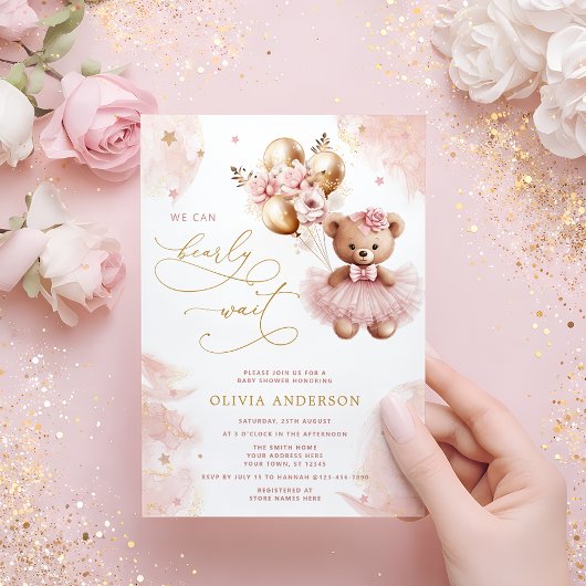 Invitation We Can Bearly Wait Teddy Bear Girl Baby Shower Inv