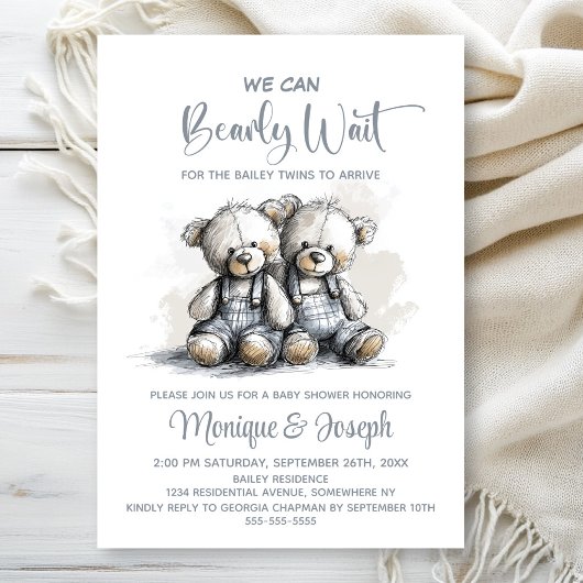Invitation We Can Bearly Wait Teddy Bear Twins Baby Shower