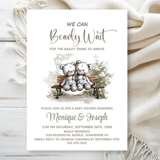 Invitation We Can Bearly Wait Teddy Bear Twins Baby Shower