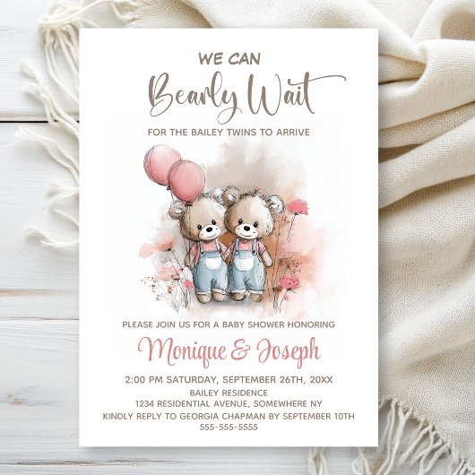 Invitation We Can Bearly Wait Teddy Bear Twins Baby Shower