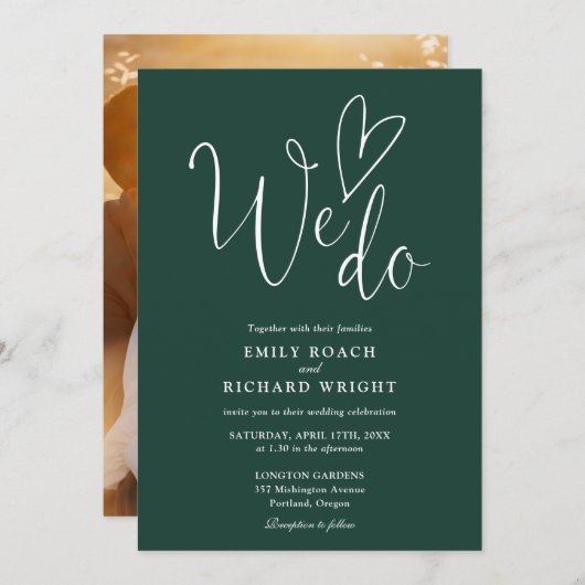 Invitation We Do Love Heart Photo Emerald Green Mariage (Devant / Derrière)