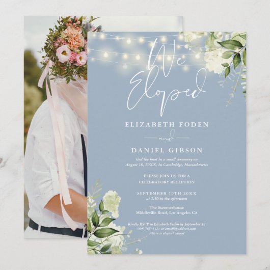 Invitation We Eloped Greenery Dusty Blue Photo Wedding Party (Devant / Derrière)