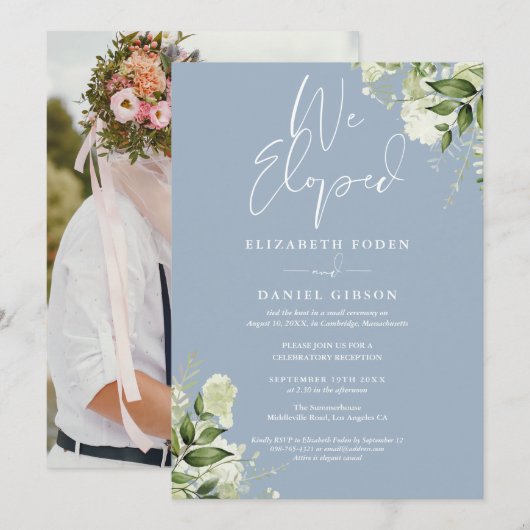 Invitation We Eloped Greenery Dusty Blue Photo Wedding Party (Devant / Derrière)
