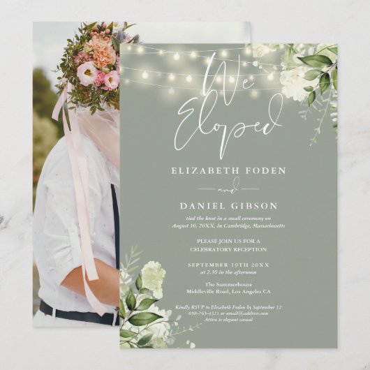 Invitation We Eloped Greenery Sage Green Photo Wedding Party (Devant / Derrière)