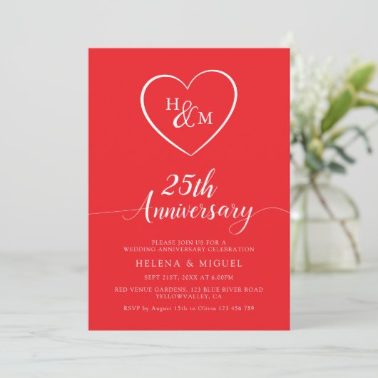 Invitation Wedding Anniversary Modern Heart Monogram Script (Debout devant)