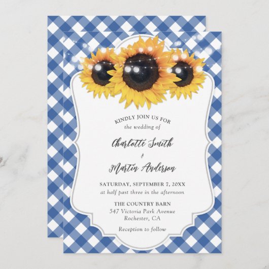 Invitation Wedding Blue Gingham (Devant / Derrière)
