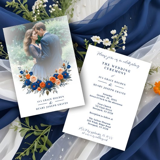 Invitation Wedding Blue & Orange Flowers Romantic Garland