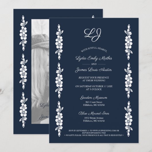 Invitation Wedding Chic Photo Navy & White Trendy Flowers (Devant / Derrière)