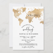 Invitation Wedding Destination World Map Gold Removable Heart (Devant)