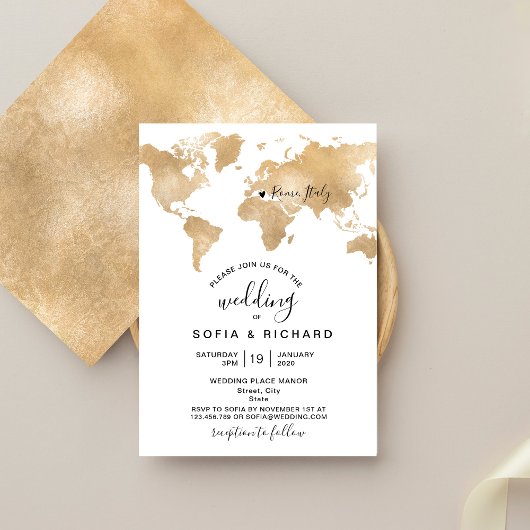 Invitation Wedding Destination World Map Gold Removable Heart
