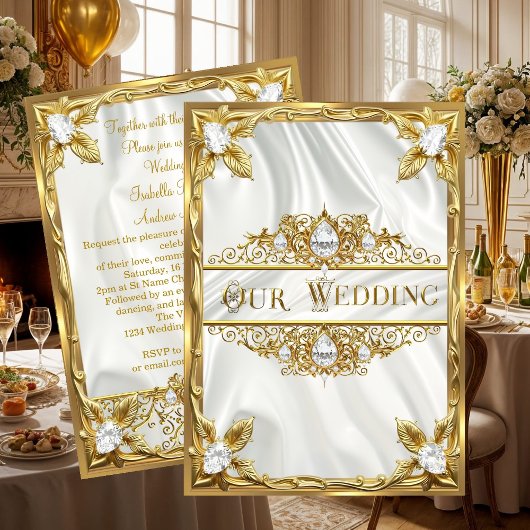 Invitation Wedding Elegant Gold Silk White Diamonds Gems