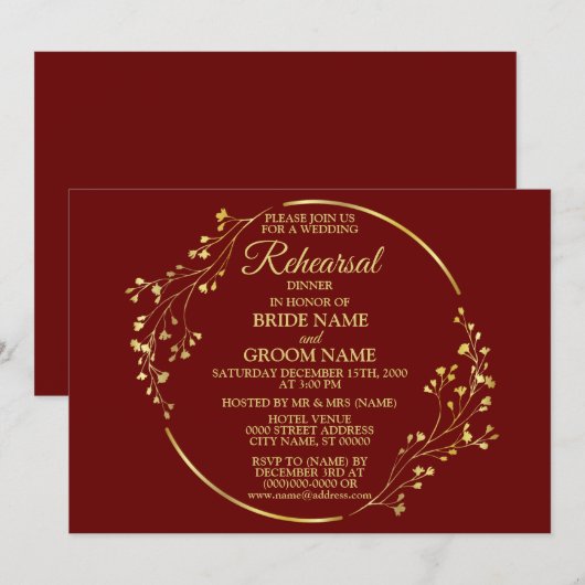 Invitation Wedding Gold Floral Wreath Red Rehearsal Dinner (Devant / Derrière)
