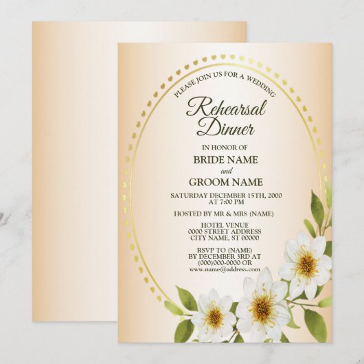 Invitation Wedding Golden White Floral Peach Rehearsal Dinner (Devant / Derrière)
