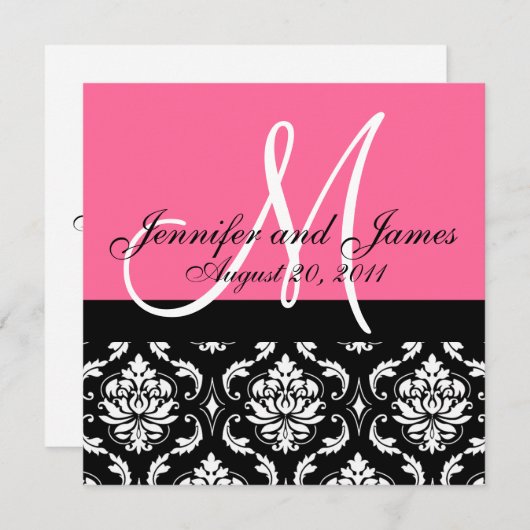 Invitation Wedding Invite Monogram Names Date Pink Damask (Devant / Derrière)