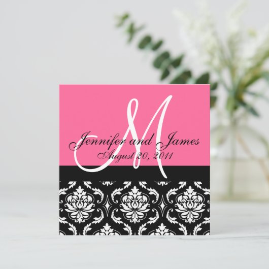 Invitation Wedding Invite Monogram Names Date Pink Damask (Debout devant)