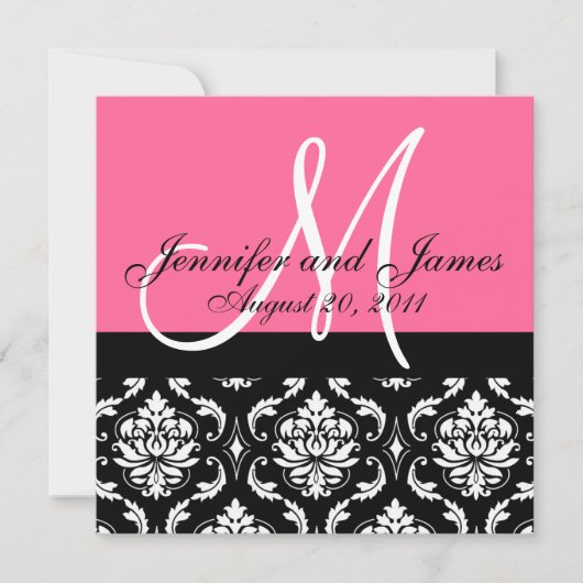 Invitation Wedding Invite Monogram Names Date Pink Damask (Devant)