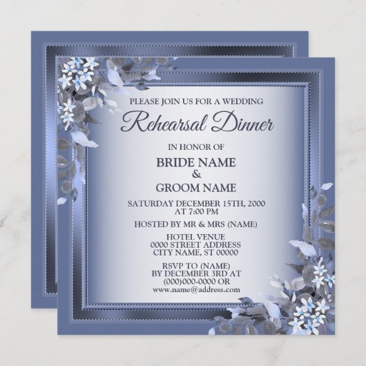 Invitation Wedding Navy Blue Floral Silver Rehearsal Dinner (Devant / Derrière)