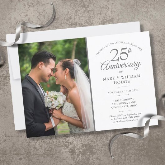 Invitation Wedding Photo 25th Anniversary Silver Confetti