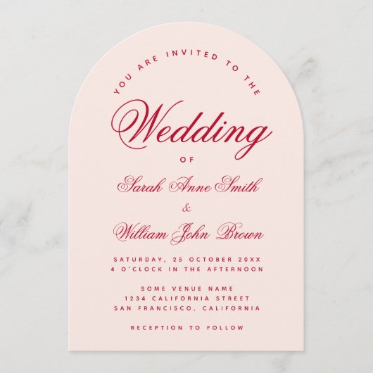 Invitation Wedding Pink Arch Red Script Simple Calligraphy  (Devant)