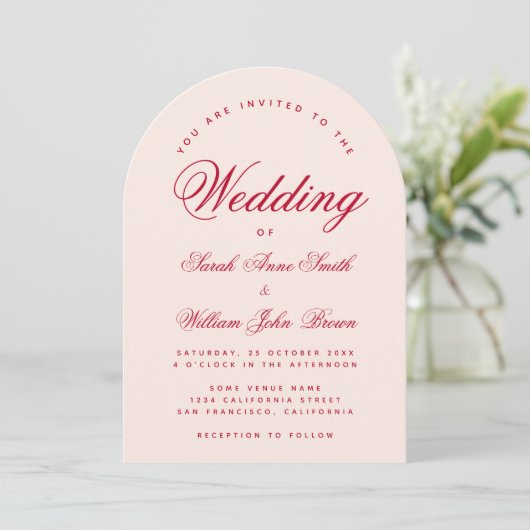 Invitation Wedding Pink Arch Red Script Simple Calligraphy  (Debout devant)