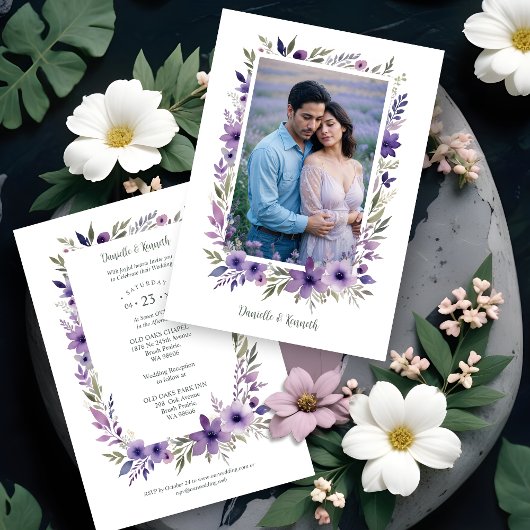 Invitation Wedding Purple Shades Flowers Branches Photo
