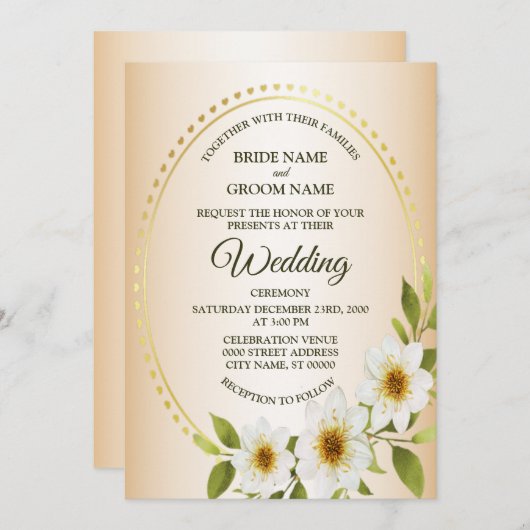 Invitation Wedding Rustic Golden Frame White Floral Peach (Devant / Derrière)