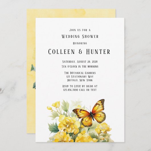 Invitation Wedding shower à papillon d'Hydrangée jaune (Devant / Derrière)
