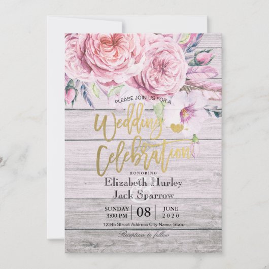 Invitation Wedding shower Aquarelle Boho Floral Bois rustique (Devant)
