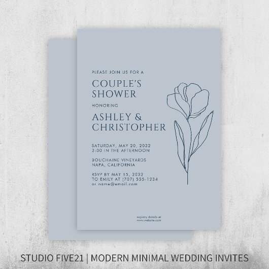 Invitation Wedding shower bleu de la marine Flore dessinée mo