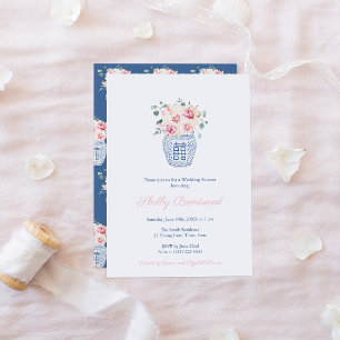 Invitation Wedding shower bleu rose intemporel et chinoiserie