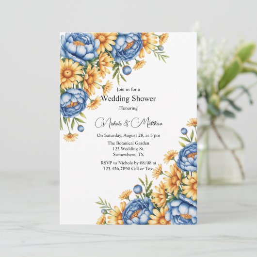 Invitation Wedding shower Blue Peony et Yellow Daisy (Debout devant)