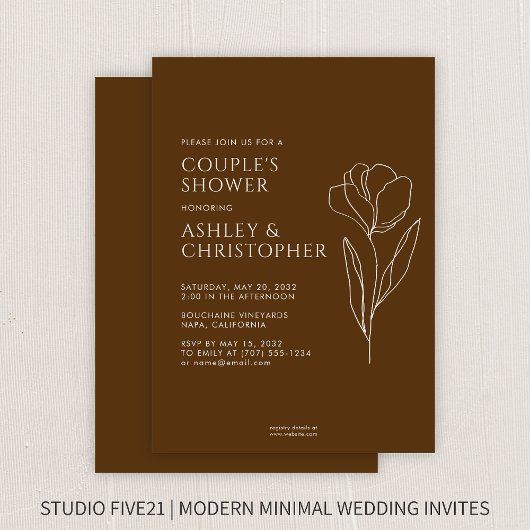 Invitation Wedding shower Brown en noyer floral dessiné moder