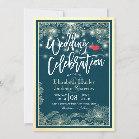 Invitation Wedding shower Célébration Blue Gold Lumières flor (Devant)
