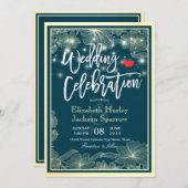 Invitation Wedding shower Célébration Blue Gold Lumières flor (Devant / Derrière)