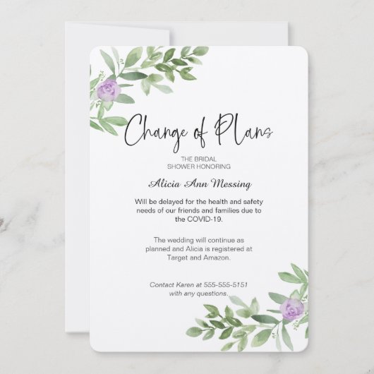 Invitation Wedding shower Changement de plan lavande (Devant)