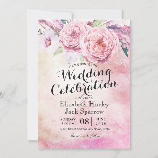 Invitation Wedding shower Chic Aquarelle Boho Plumes florales (Devant)