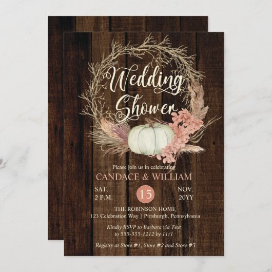 Invitation Wedding shower - Citrouille rustique Pampas Wreath (Devant / Derrière)
