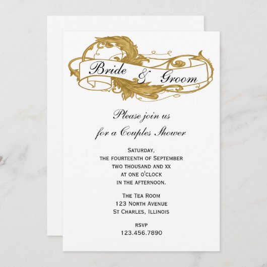 Invitation Wedding shower Couples feuille or (Devant / Derrière)