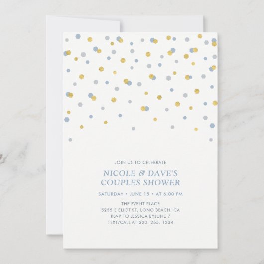 Invitation Wedding shower Couples Hexagon Bleu, Or (Devant)