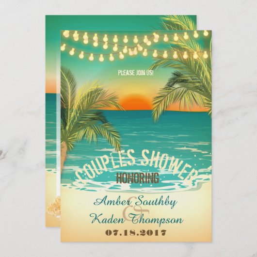 Invitation Wedding shower Couples Sunset Beach (Devant / Derrière)