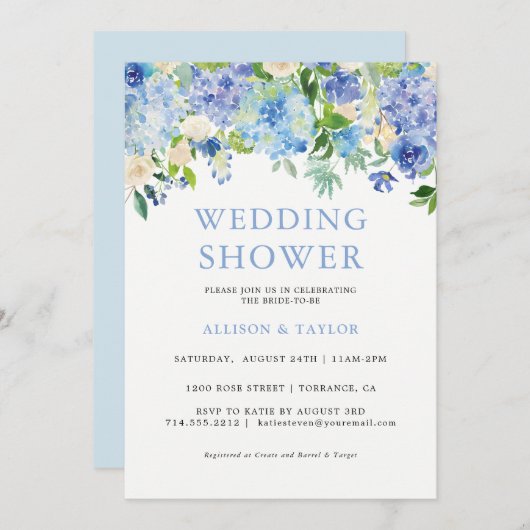 Invitation Wedding shower d'aquarelle bleu Hydrangea (Devant / Derrière)