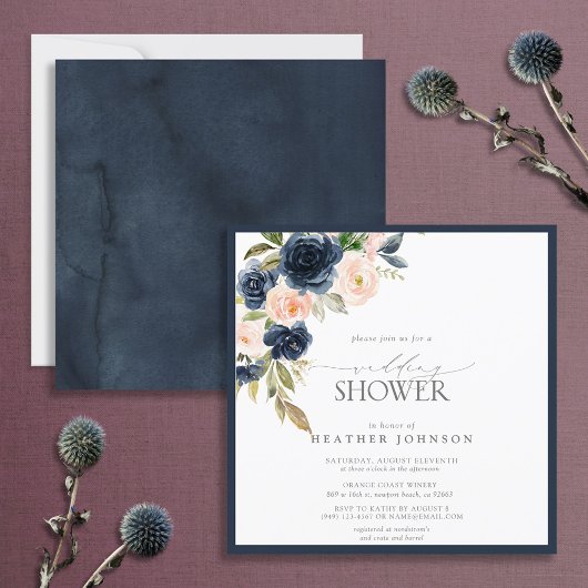 Invitation Wedding shower d'aquarelle florale bleu et bleu ma