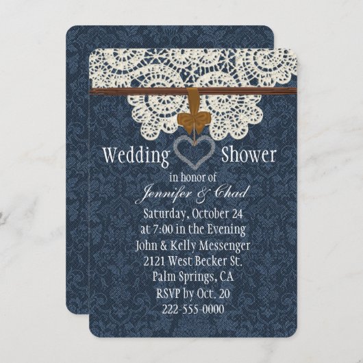Invitation Wedding shower de dentelle de denim et d'ivoire de (Devant / Derrière)