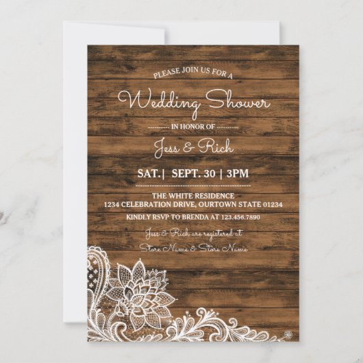 Invitation Wedding shower de dentelle et de bois d (Devant)