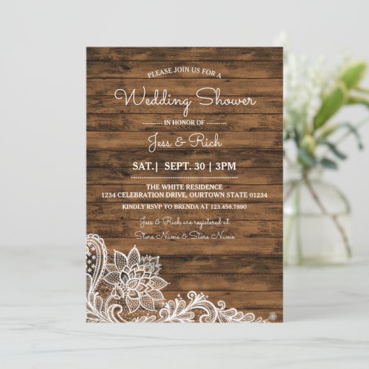 Invitation Wedding shower de dentelle et de bois d (Debout devant)