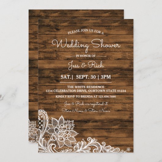 Invitation Wedding shower de dentelle et de bois d (Devant / Derrière)