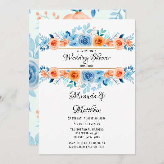 Invitation Wedding shower de fleurs bleu orange vernis (Devant / Derrière)