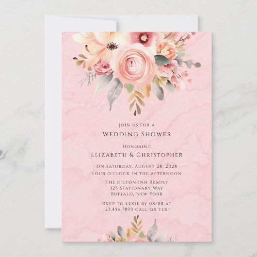 Invitation Wedding shower de fleurs rose et or chic (Devant)